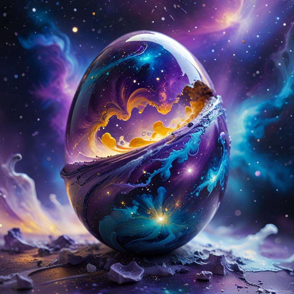 Swirling Galaxy Egg in Vibrant Oil Painting