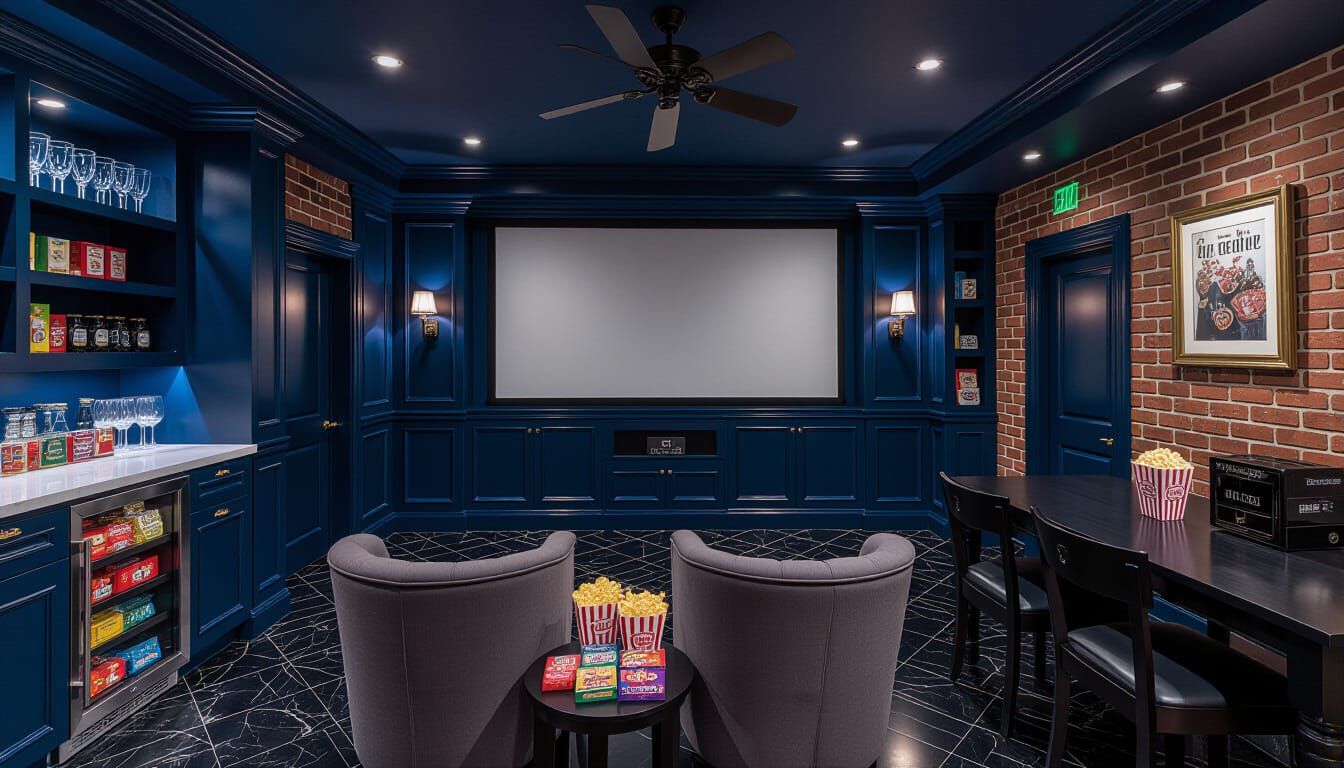 Victorian Home Theater with Dark Blue and Brick Accents