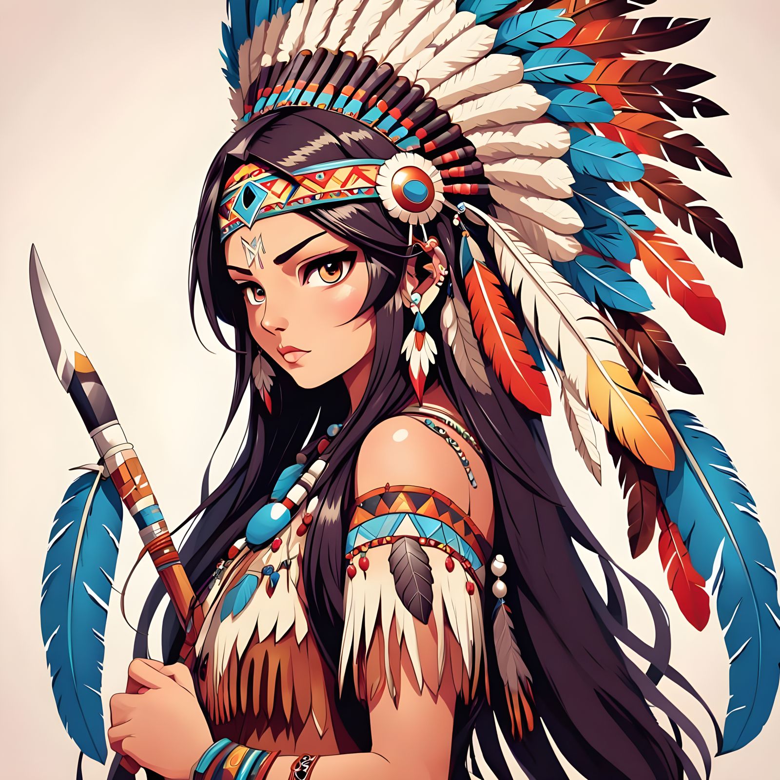 Anime Native American Warrior Woman with Feathers and Quiver