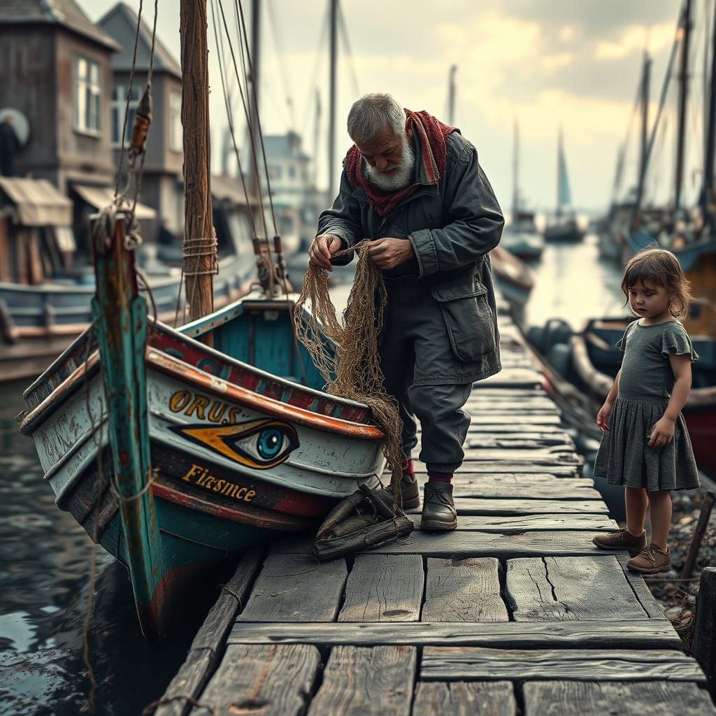 Weathered Fisherman Repairs Net on Wooden Dock Amidst Port