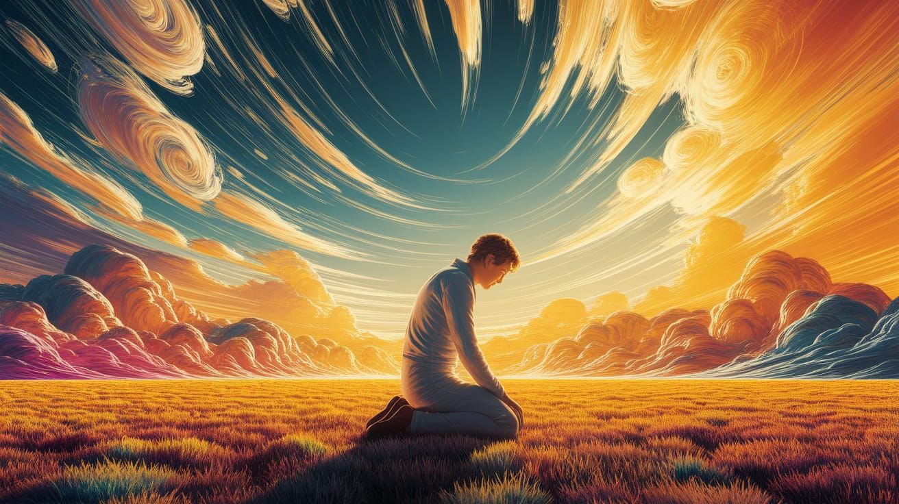 Golden Landscape with Kneeling Figure, Dreamlike Art