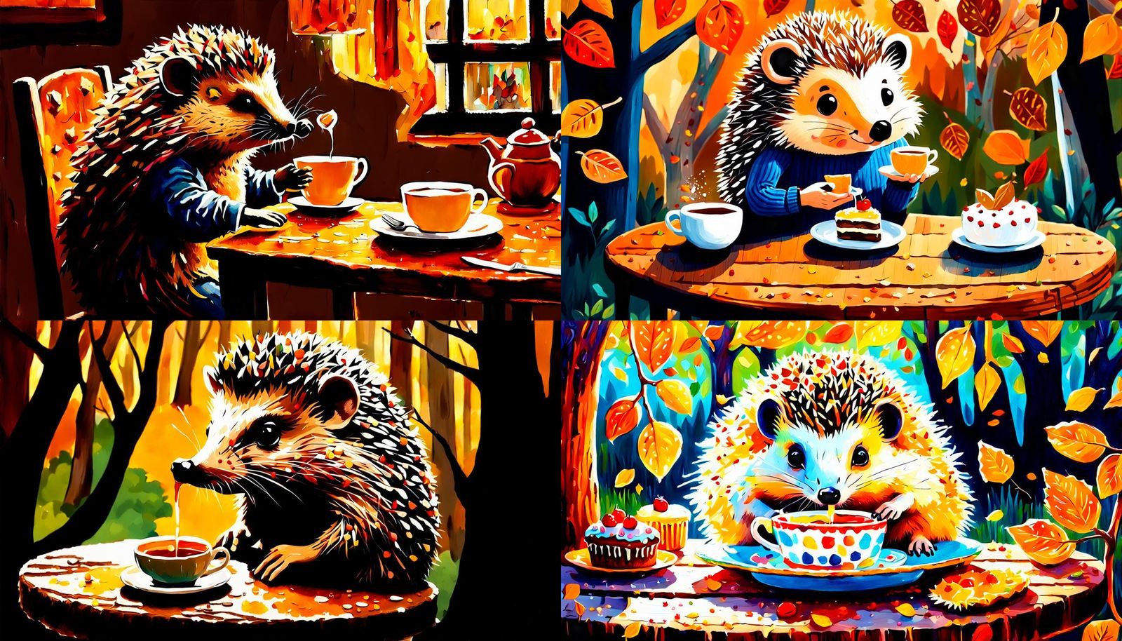 Hedgehog Tea Party: Acrylic Painting of Autumn Days