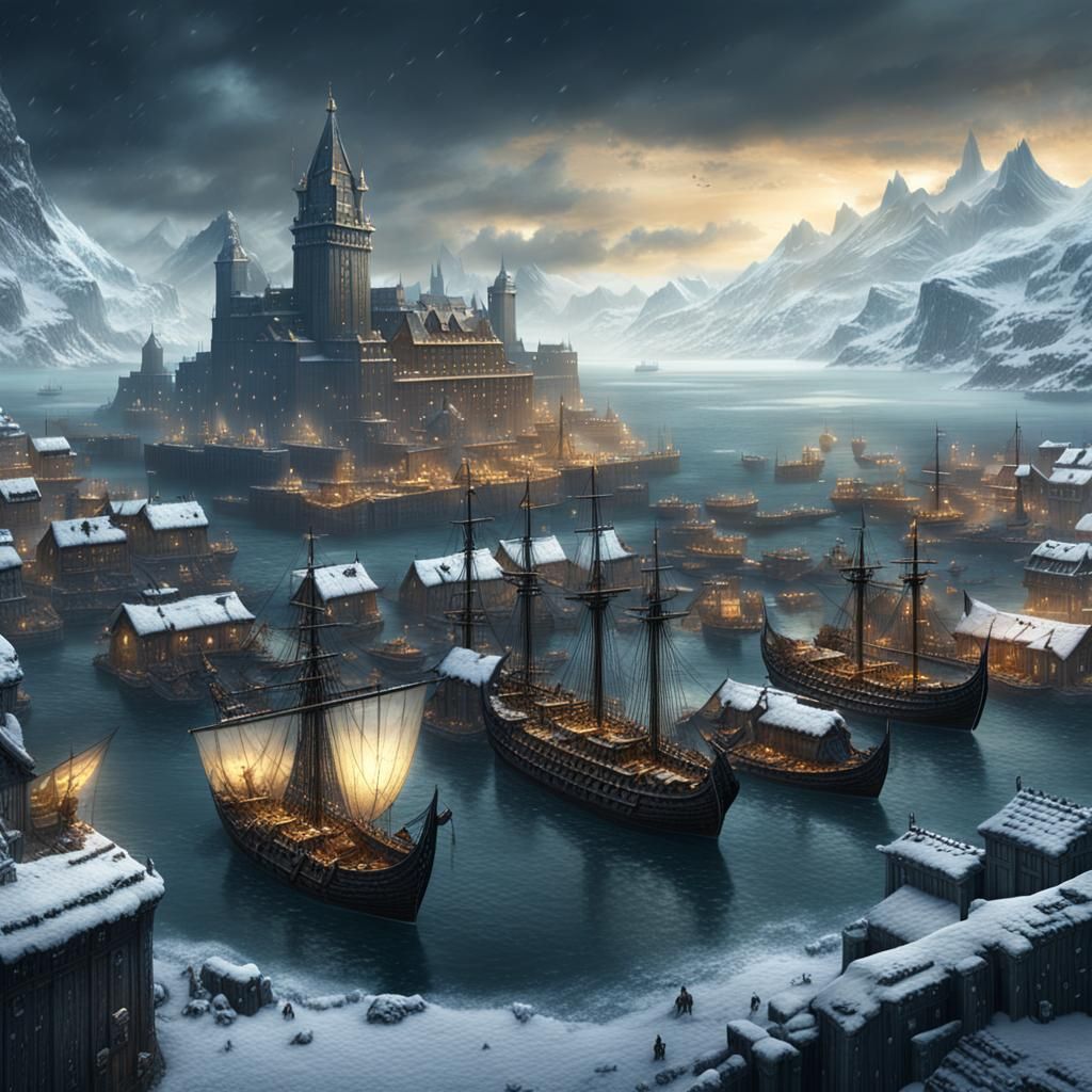 Fortified Viking Port City in Dark Fantasy Style