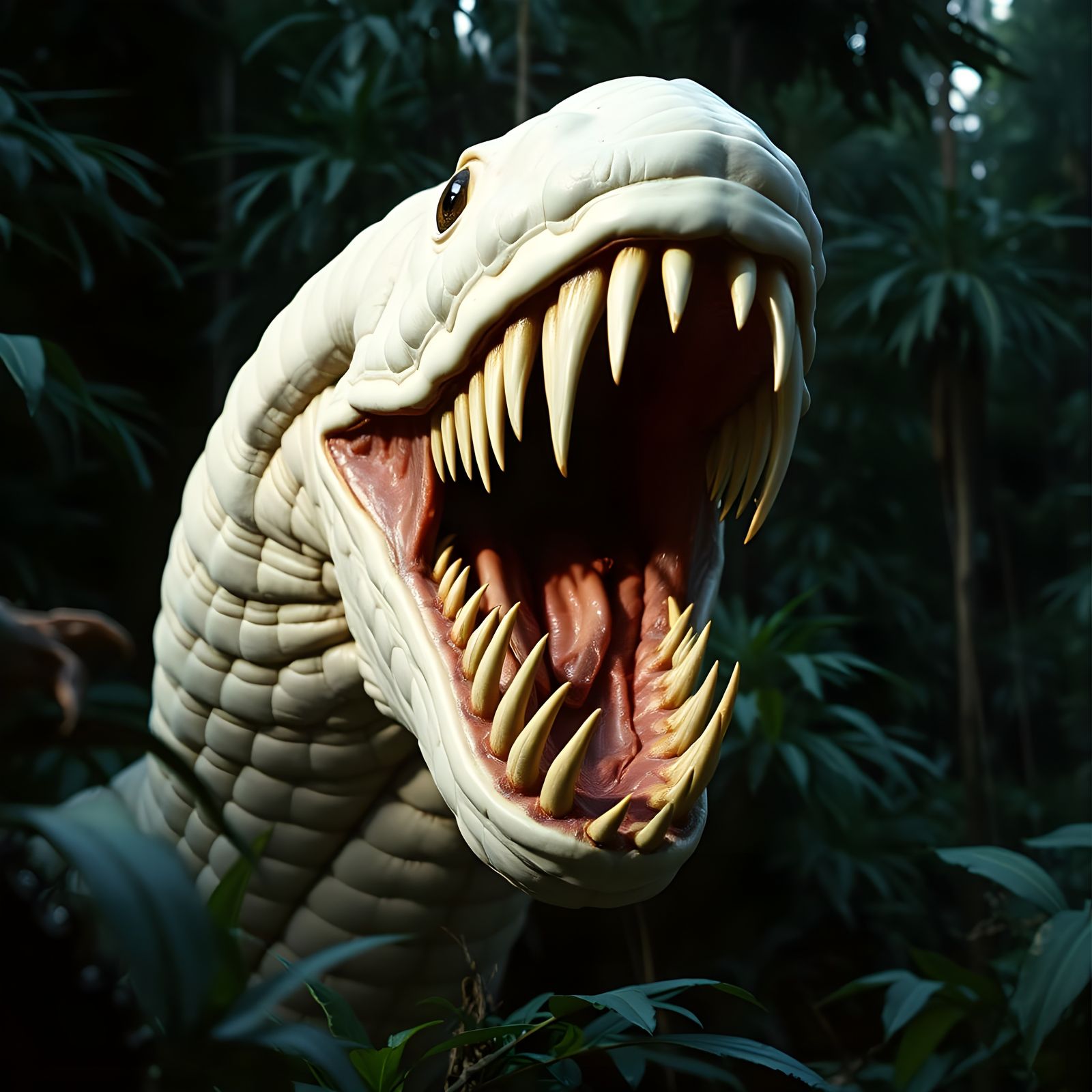 Surreal Jungle Scene with a Massive, Open-Mouthed Carnivore