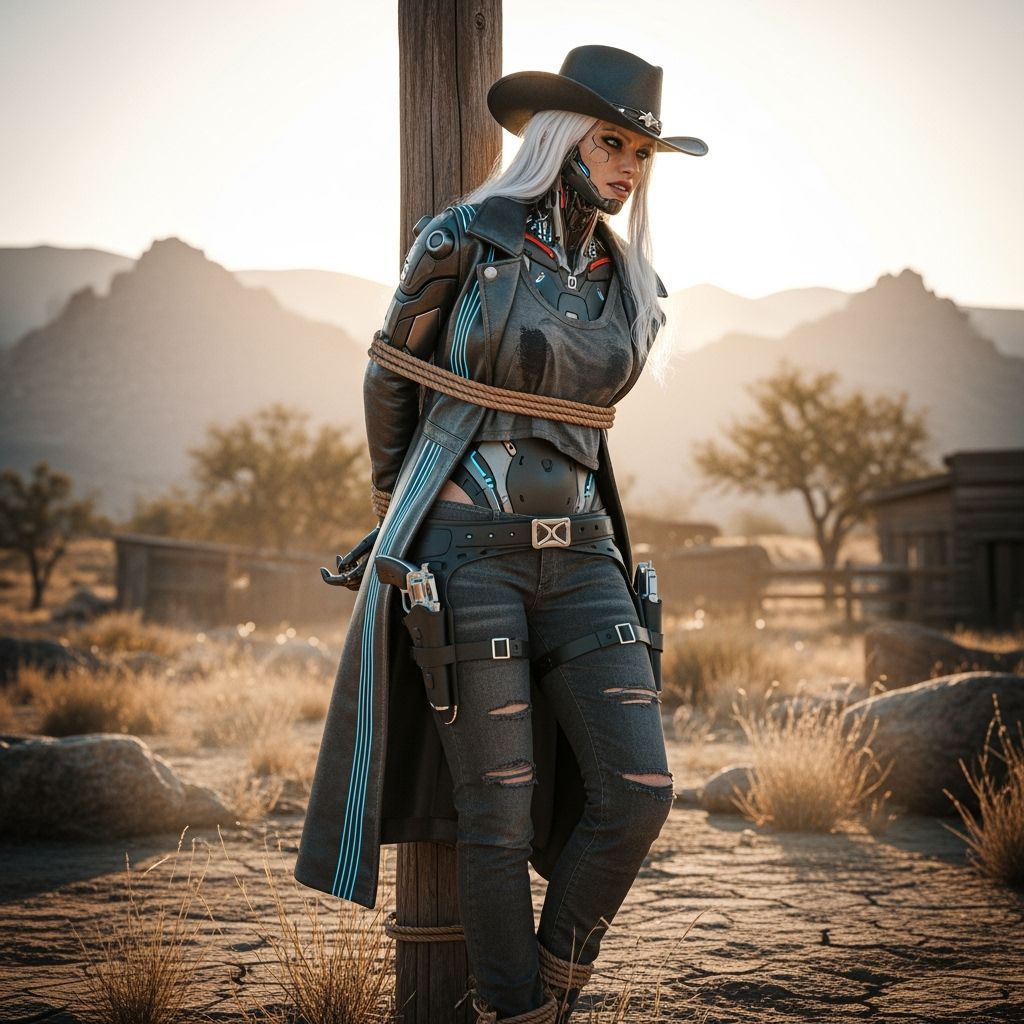 Cyborg Woman Bound in Sun-Drenched Desert Landscape