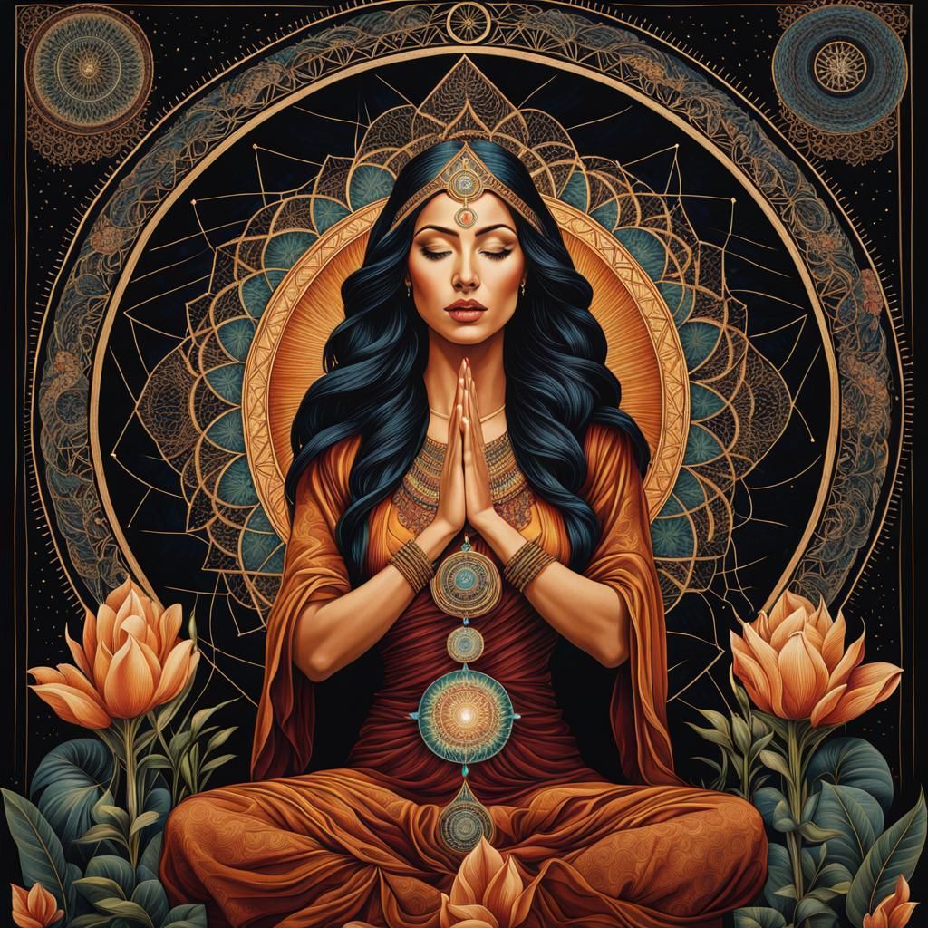 Woman Worshipping Sacred Geometry Tapestry Illustration