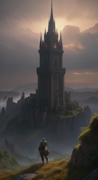 Female Archer Guarding Tower in High-Fantasy Landscape