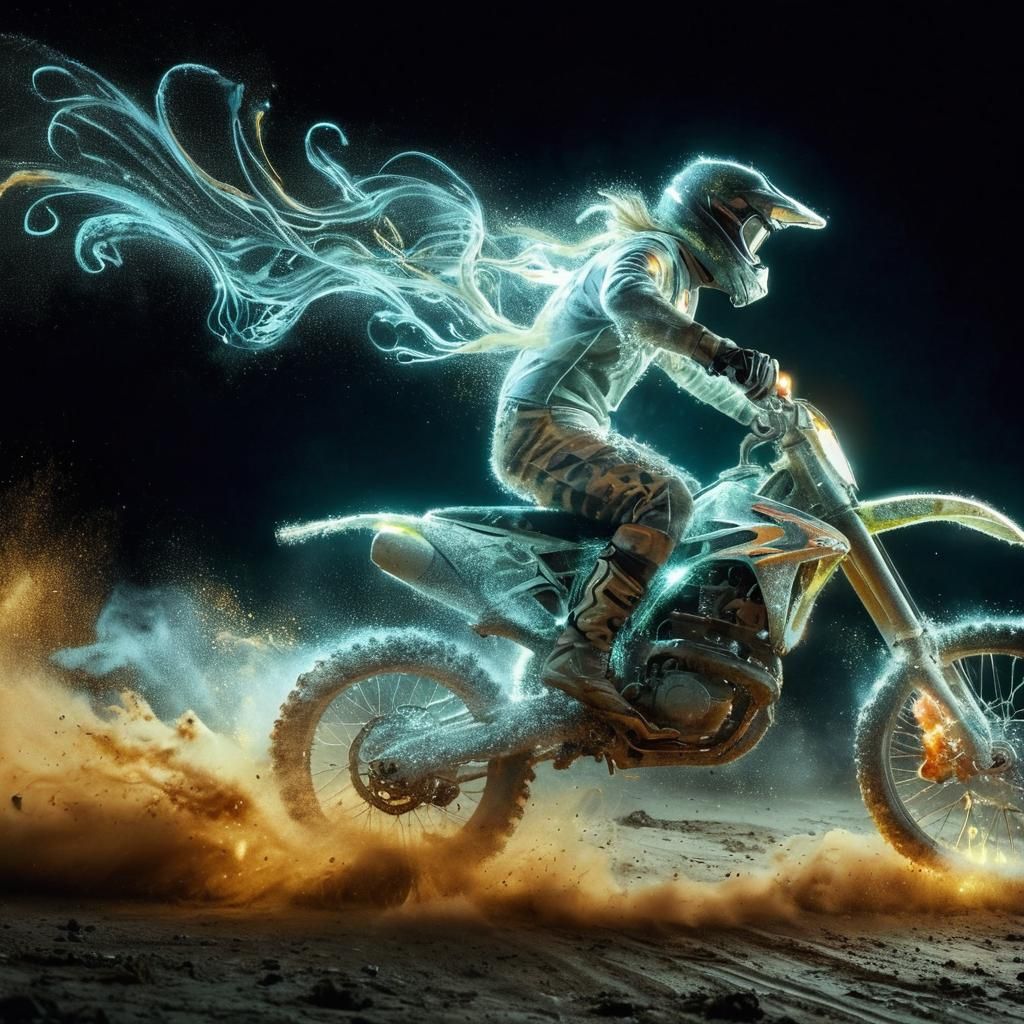 a motocross biker composed entirely of bioluminescent phosph...