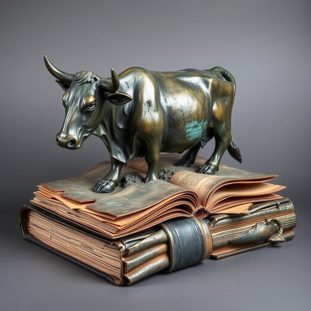 Bronze Cow Sculpture on Book in Maori Carving Style