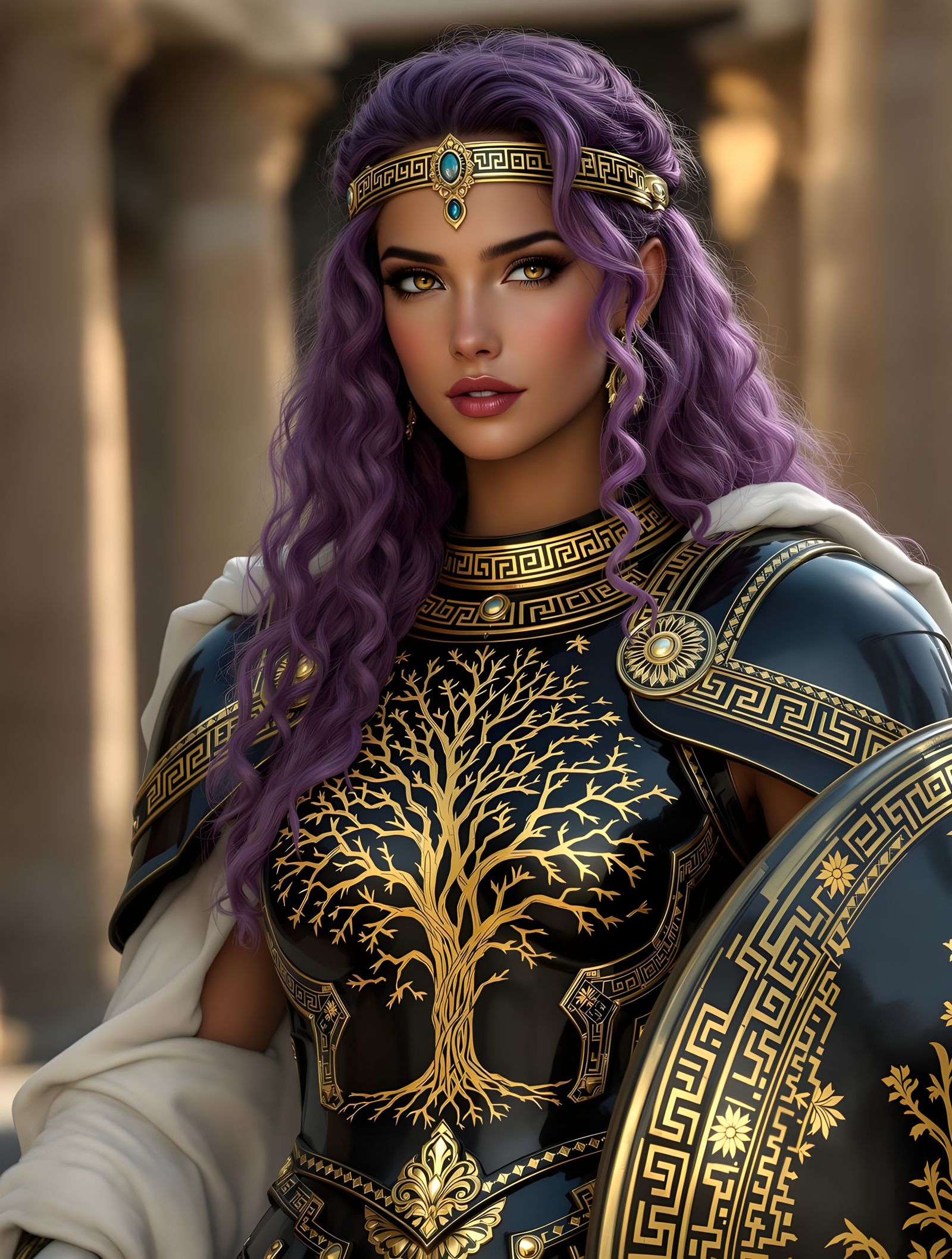 The Oracle, clad in an ancient adamantine armor made for her by Volkan, God of Craft