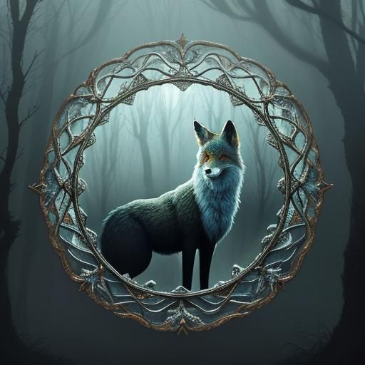 Fox Mirror Reflecting Misty Forest in Surreal Style