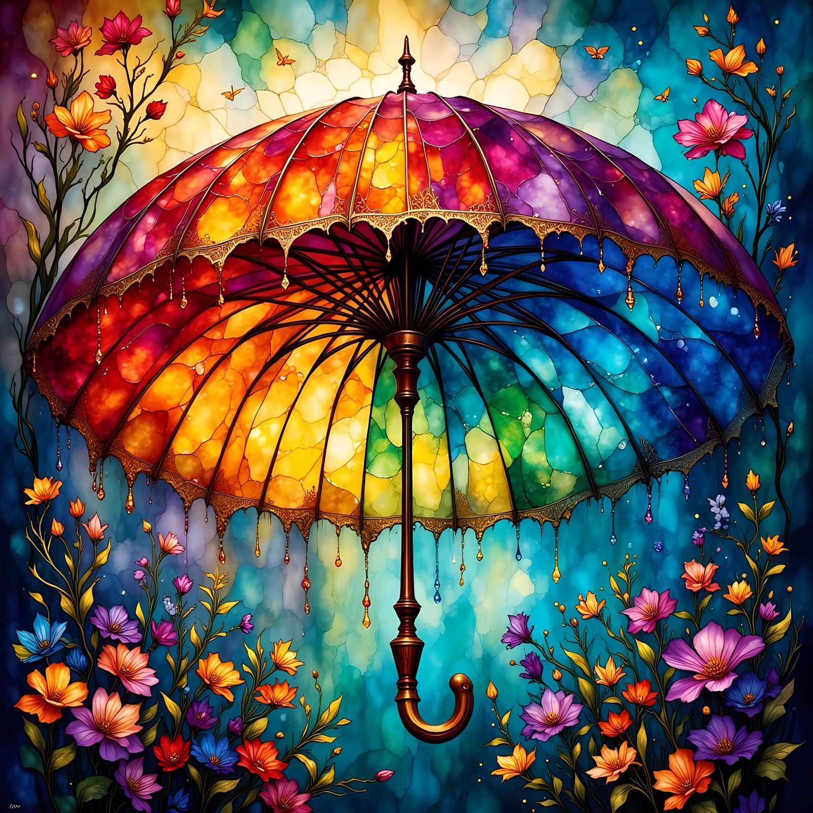 Rainbow Umbrella Stained Glass Cell-Shaded Anime Background