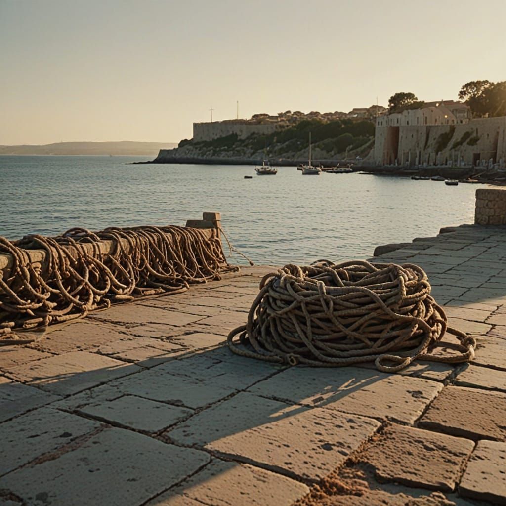 Biblical Harbour at Golden Hour: Cinematic Film Still