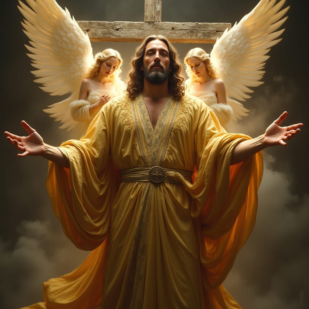 Regal Lord Surrounded by Angels in a Celestial Aura