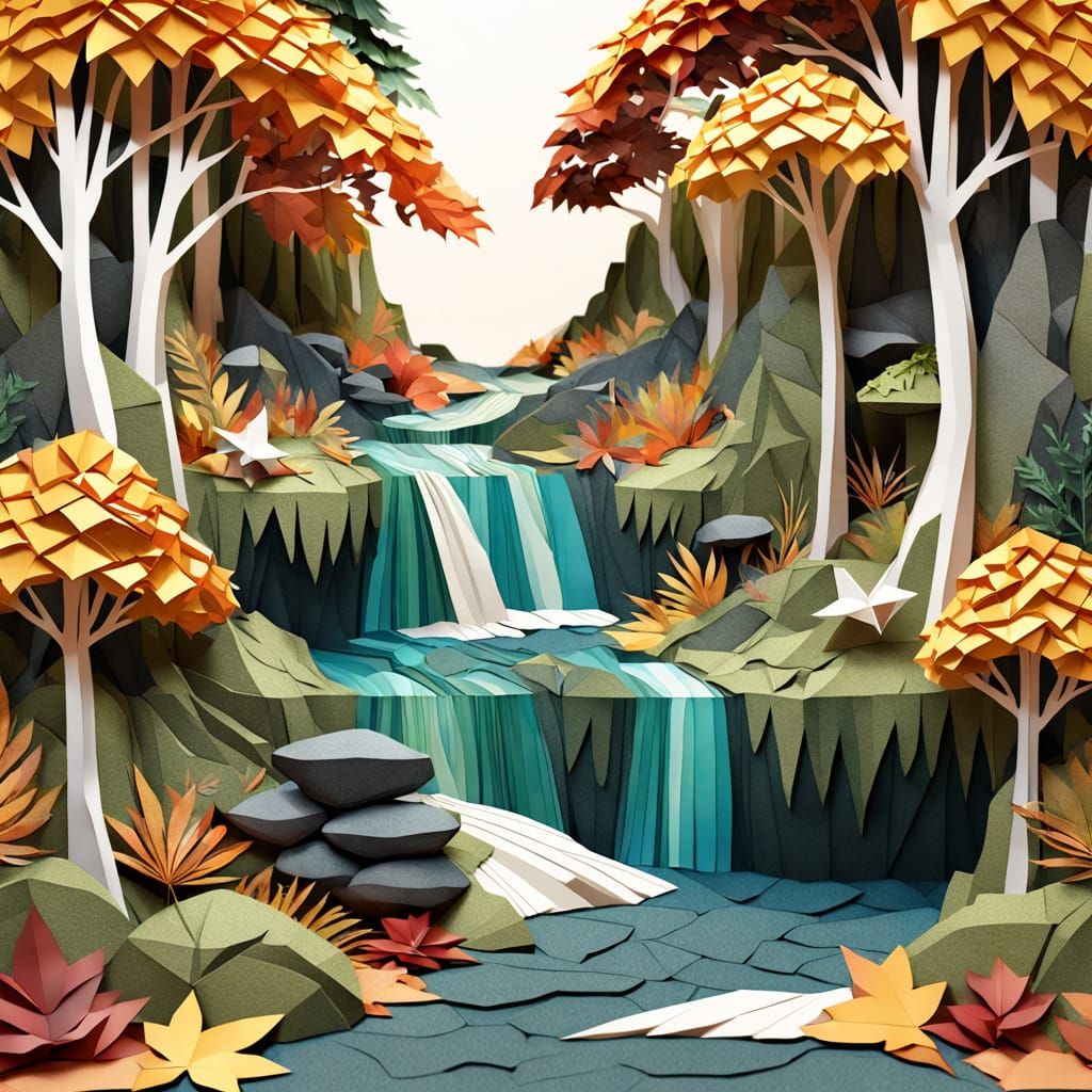 Autumn Waterfall Collage Art with Origami Details