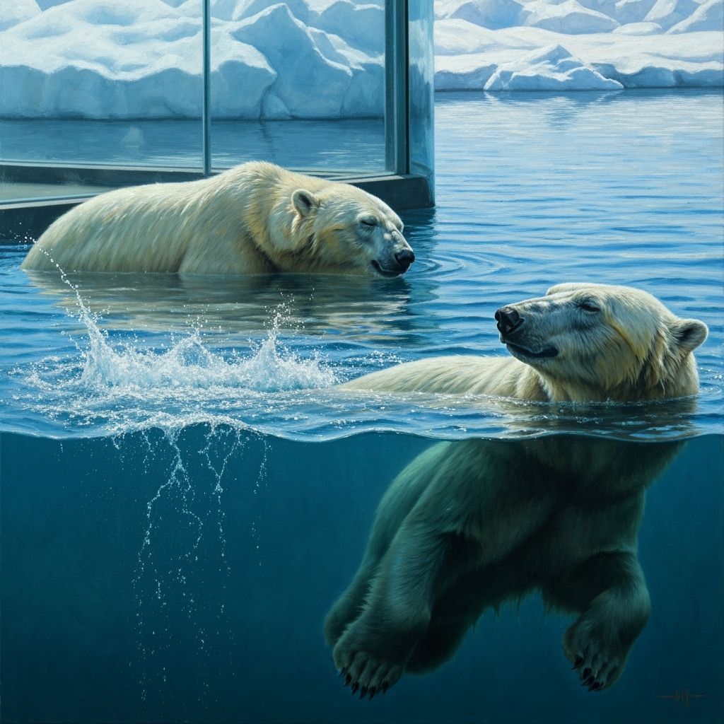 Zoo Polar Bears in Clear Water as Oil Painting