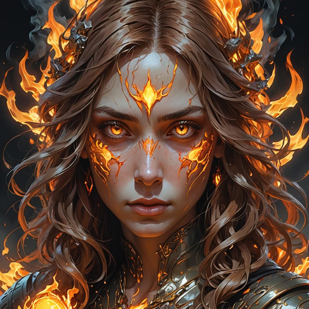 Fiery Birth: Woman Emerges in Digital Portrait