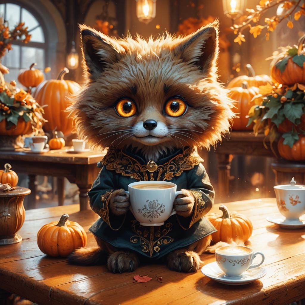 Whimsical Fox Coffee Break in Autumnal Setting
