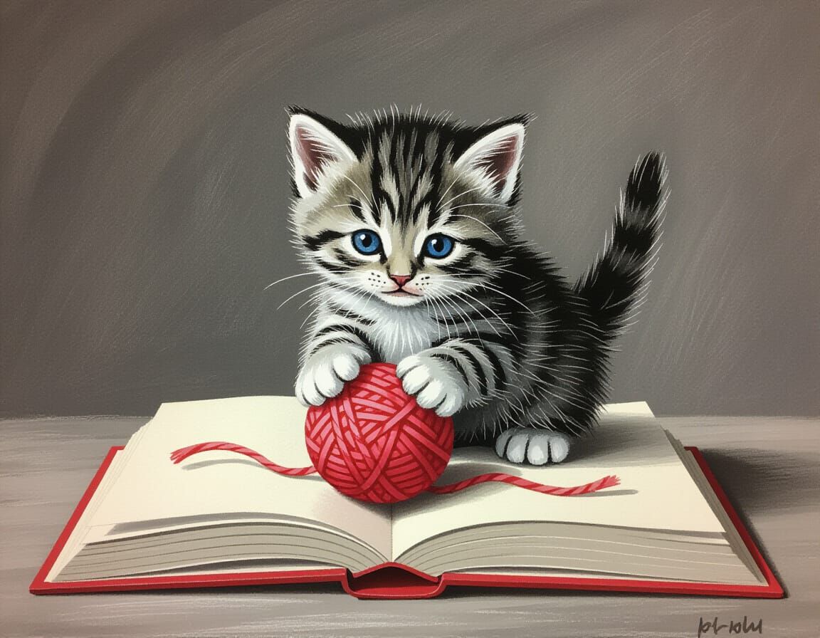 Kitten with Yarn in Chalk Stroke Pop-Up Book Style