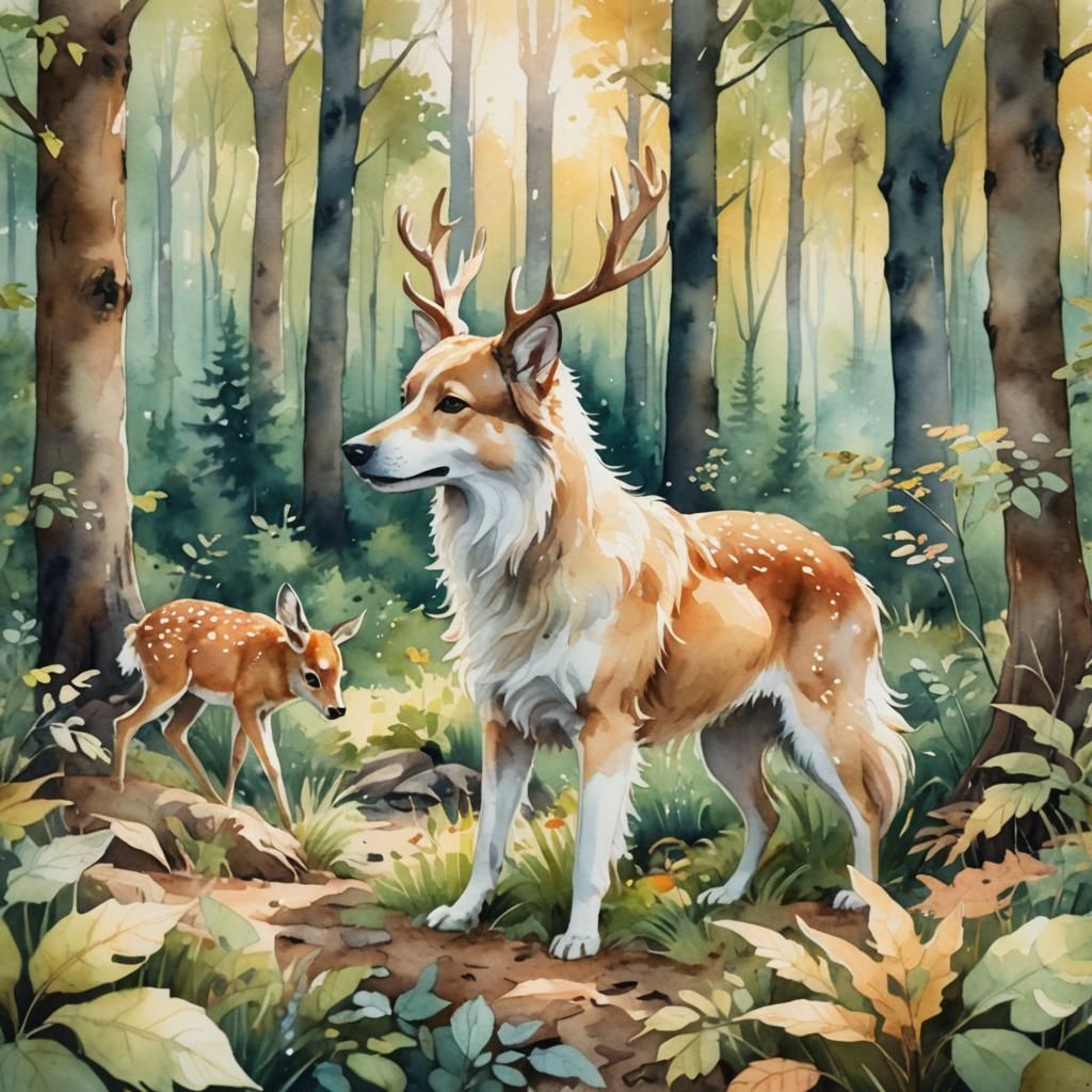 Dog and Deer Play in Whimsical Watercolor Forest