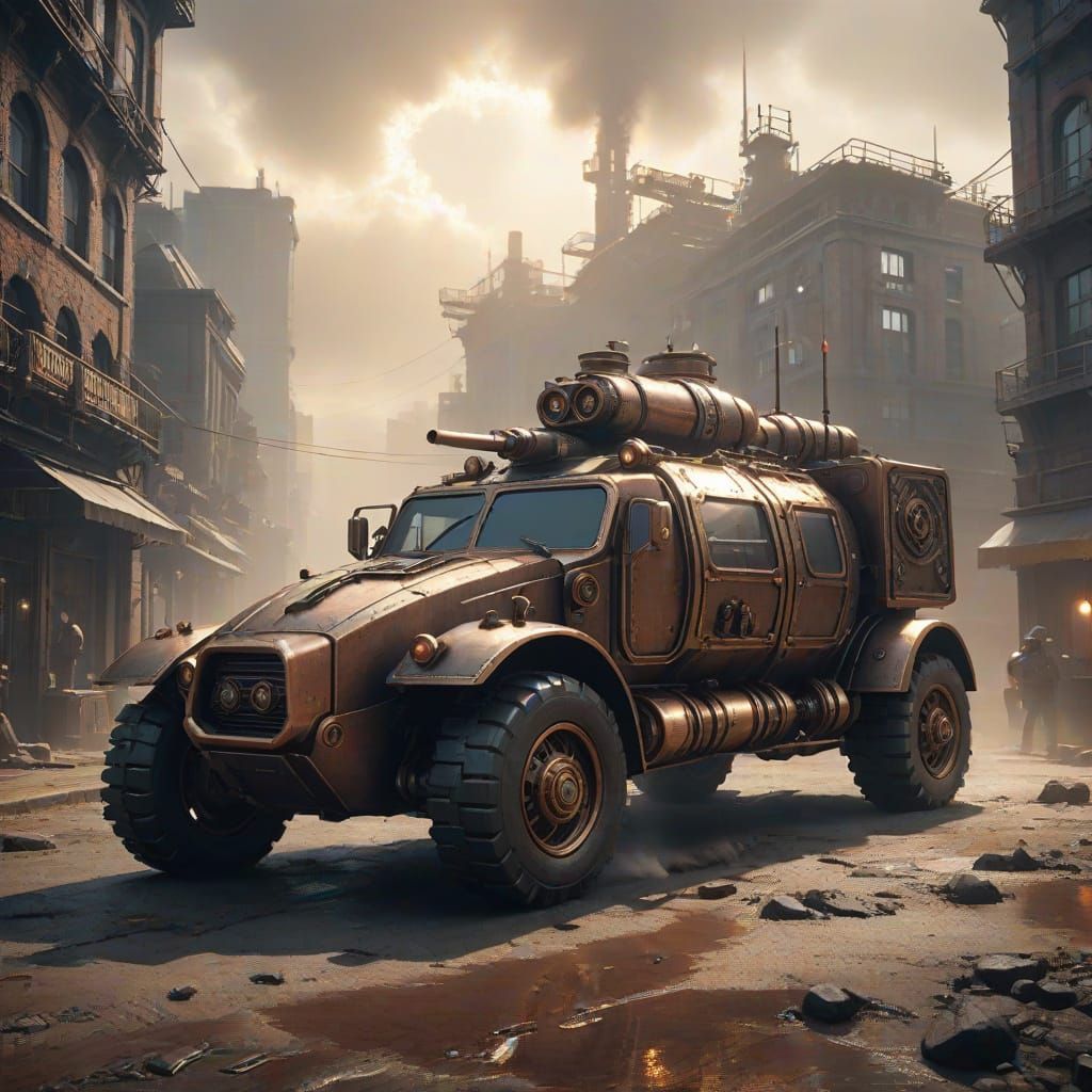 Epic Steampunk Armored Car in Dystopian Cityscape