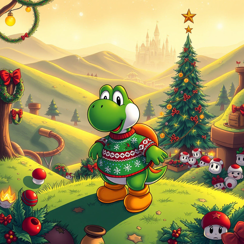 Yoshi in Super Mario World Christmas Scene
