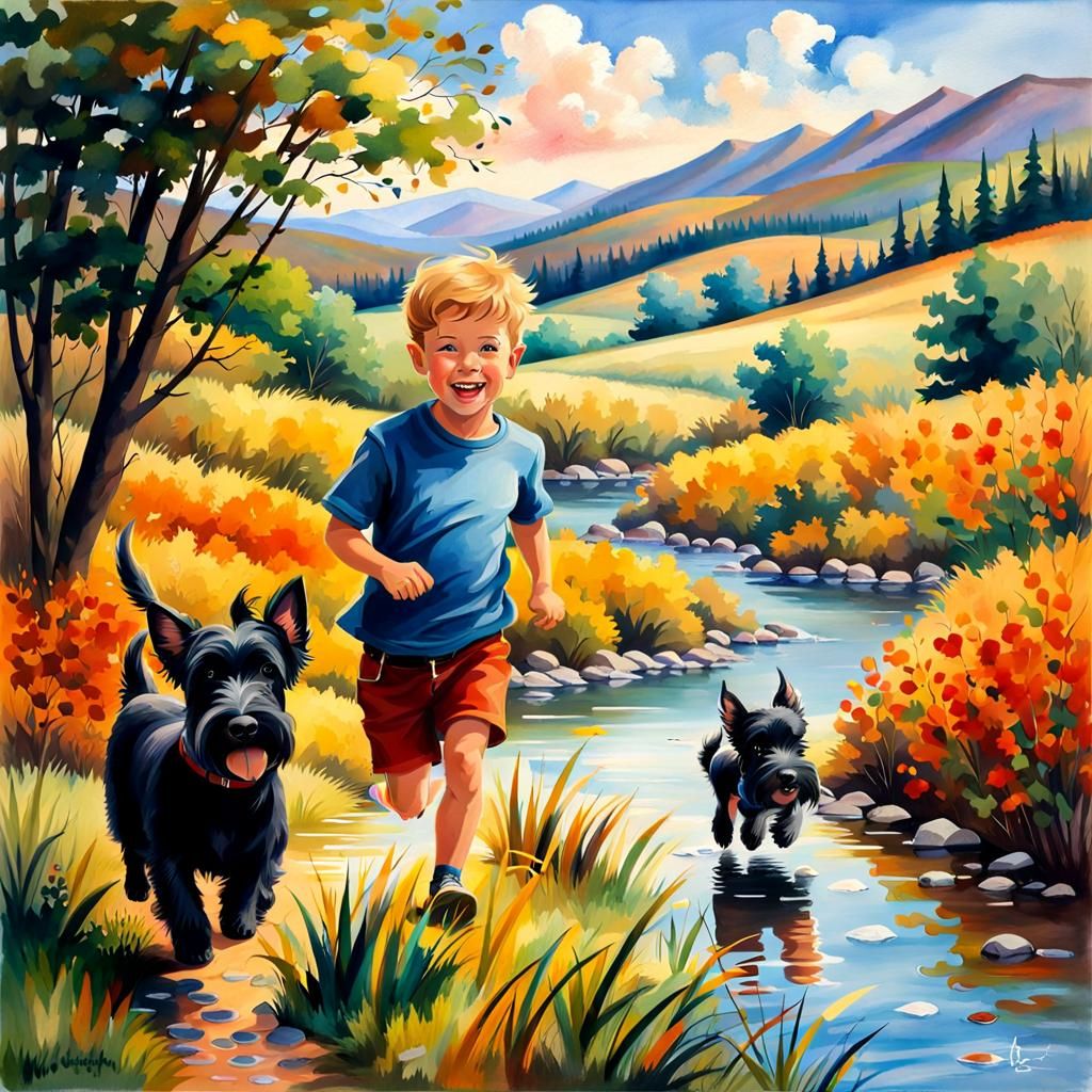 Boy and Dog Running in Summer Landscape