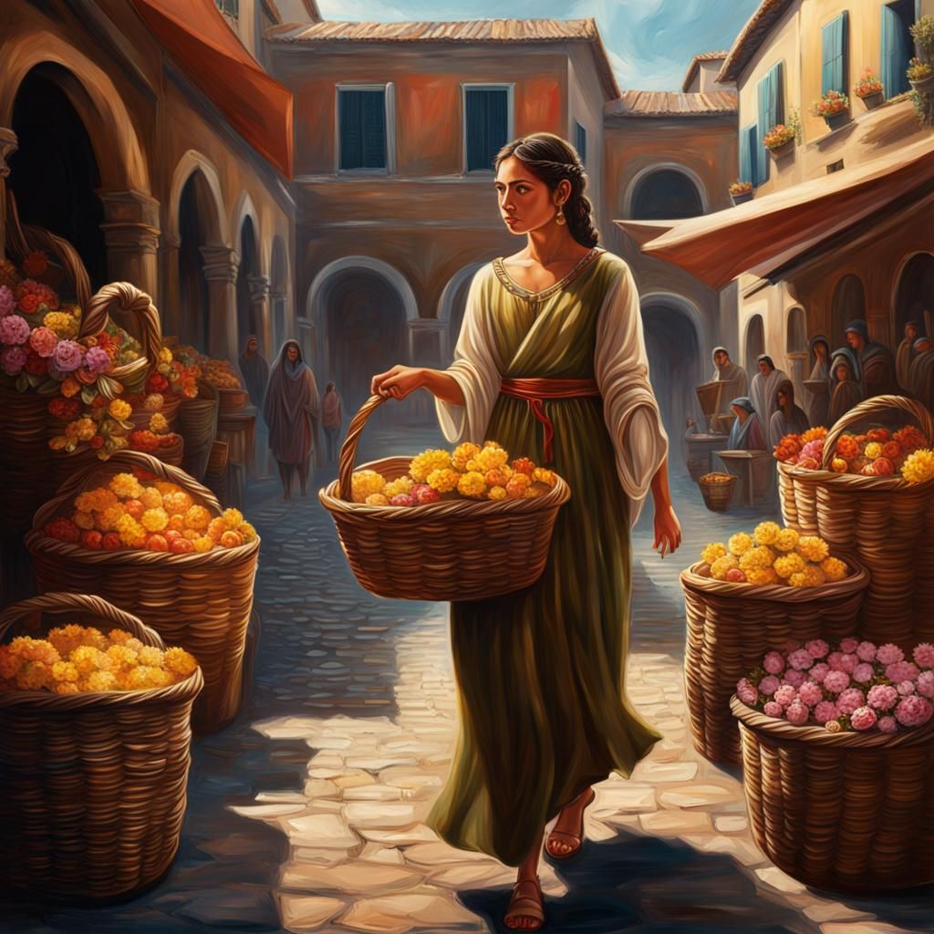 Girl in Roman Market: Hyperrealistic Oil Painting
