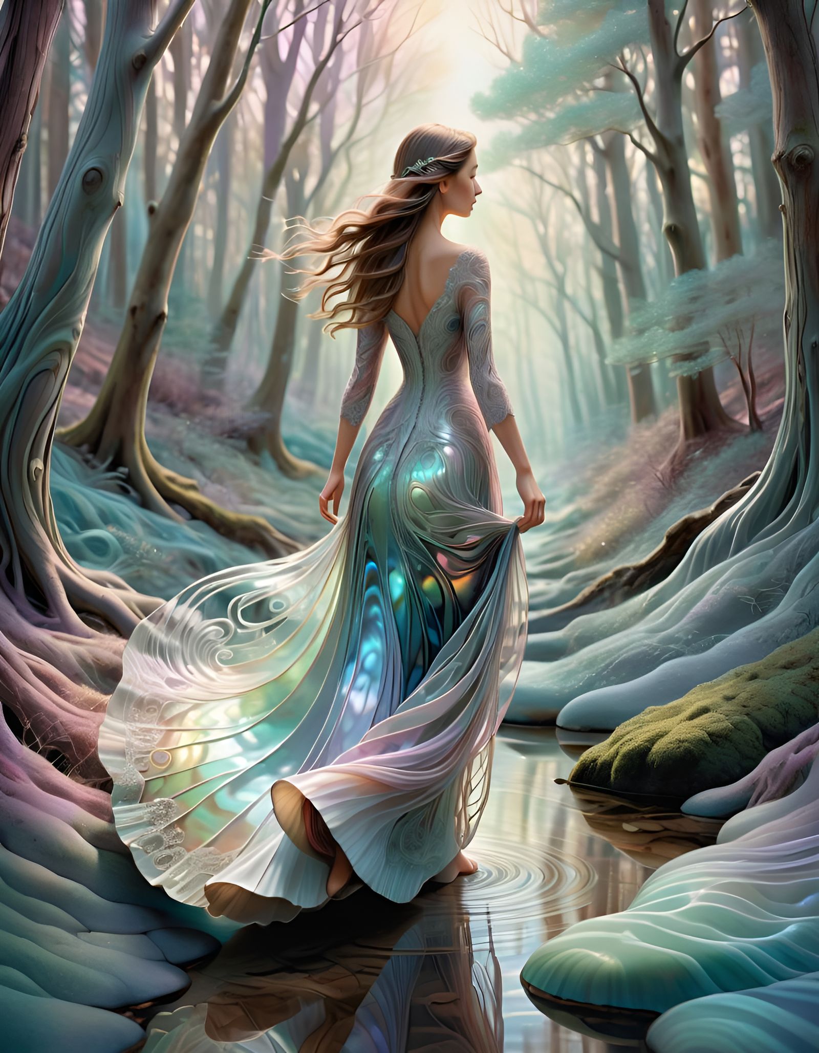 Ethereal Woman Walks in a Pastel Forest