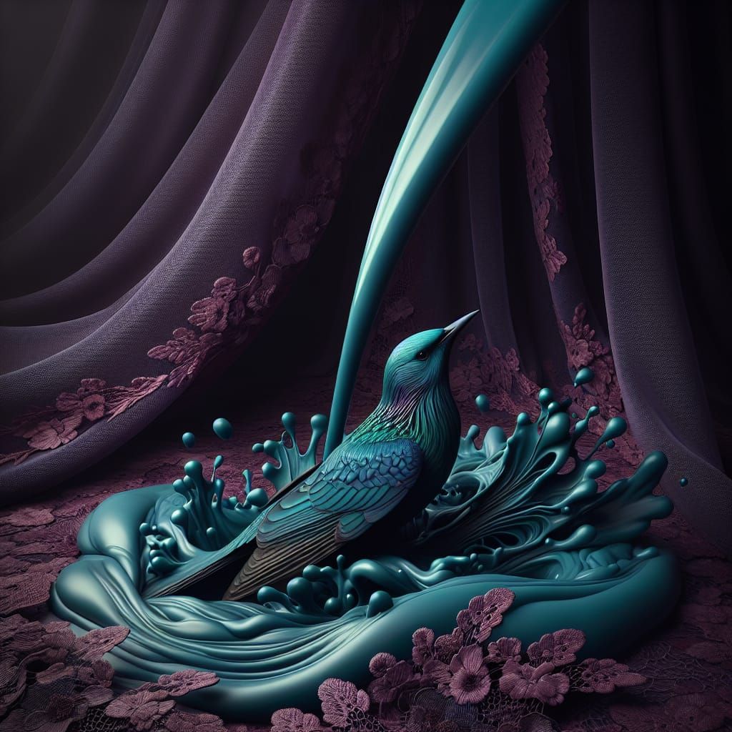 Surreal Pour Art Depiction of Greater Blue-Eared Starling in...