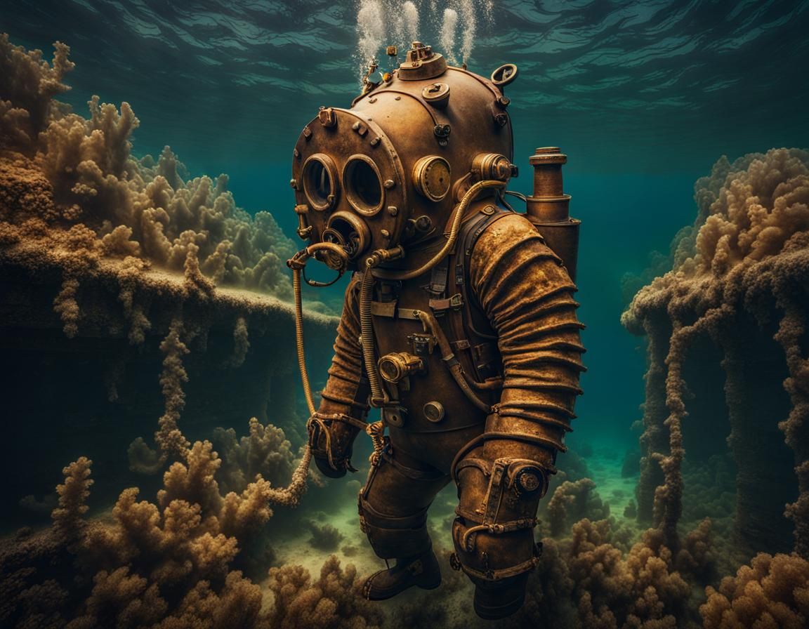 Underwater Explorer Wearing Diving Helmet