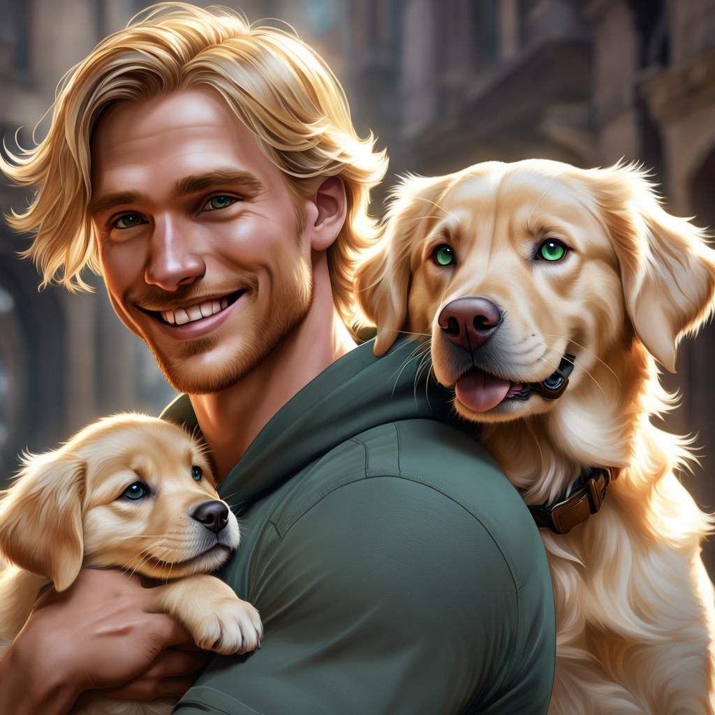 Man Holding Golden Retriever Puppy, Digital Art