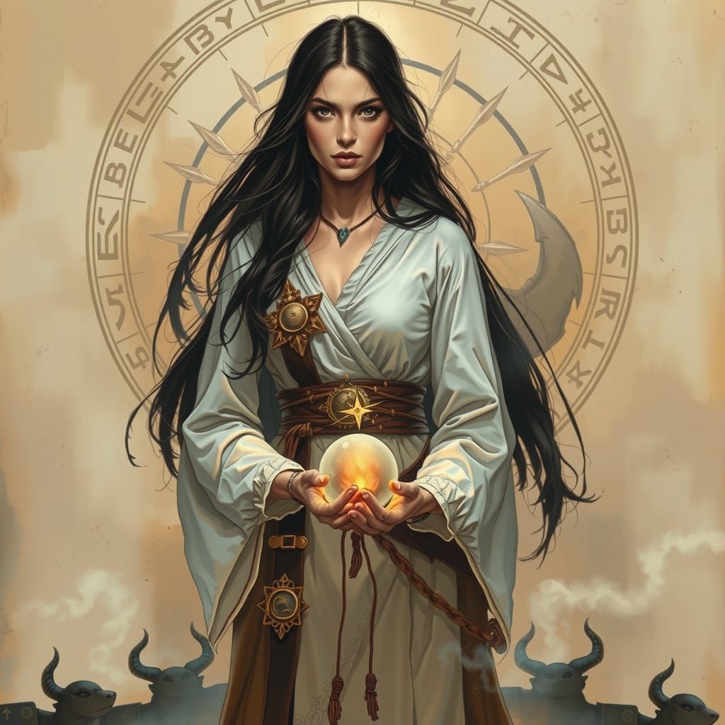 Female Wizard Casting Spell in Pen and Ink