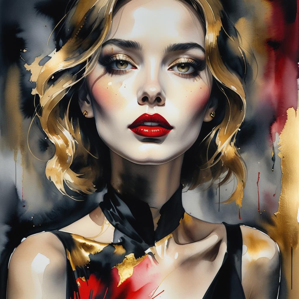 Girl with Red Lips in Dark Romanticism Style