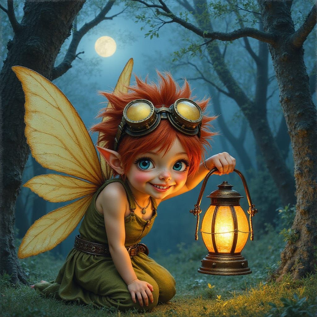 Steampunk Pixie with Fairy Lantern in Moonlit Forest