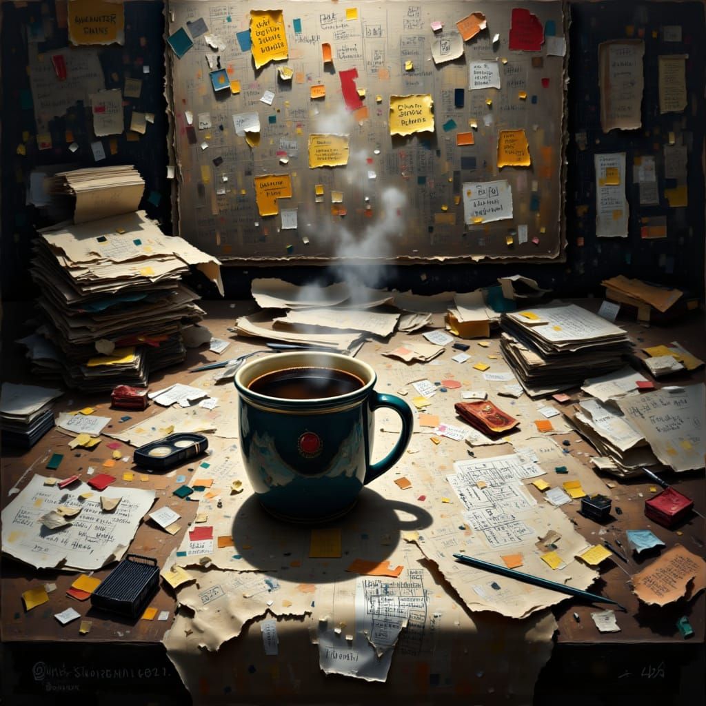 Steaming Coffee Mug on Chaotic Office Desk