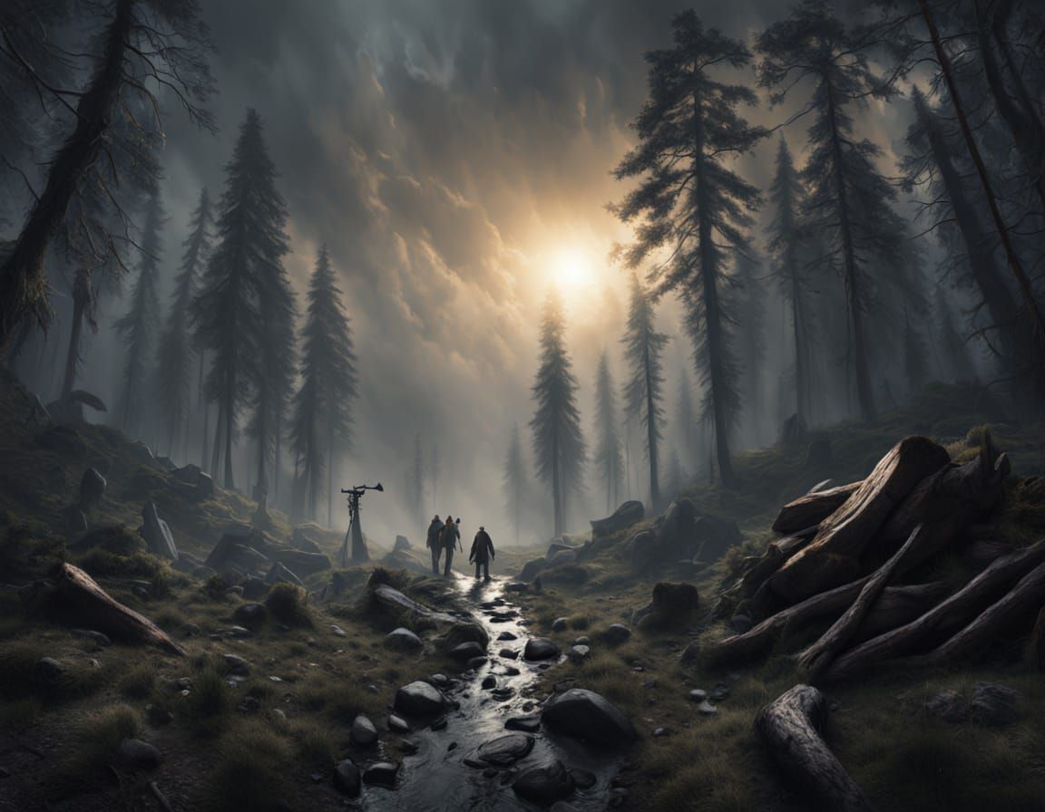 Grizzled Lumberjacks on Misty Alien Forest, Oil Painting