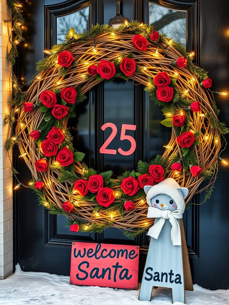 Vibrant Holiday Wreath with Red Roses and Christmas Lights