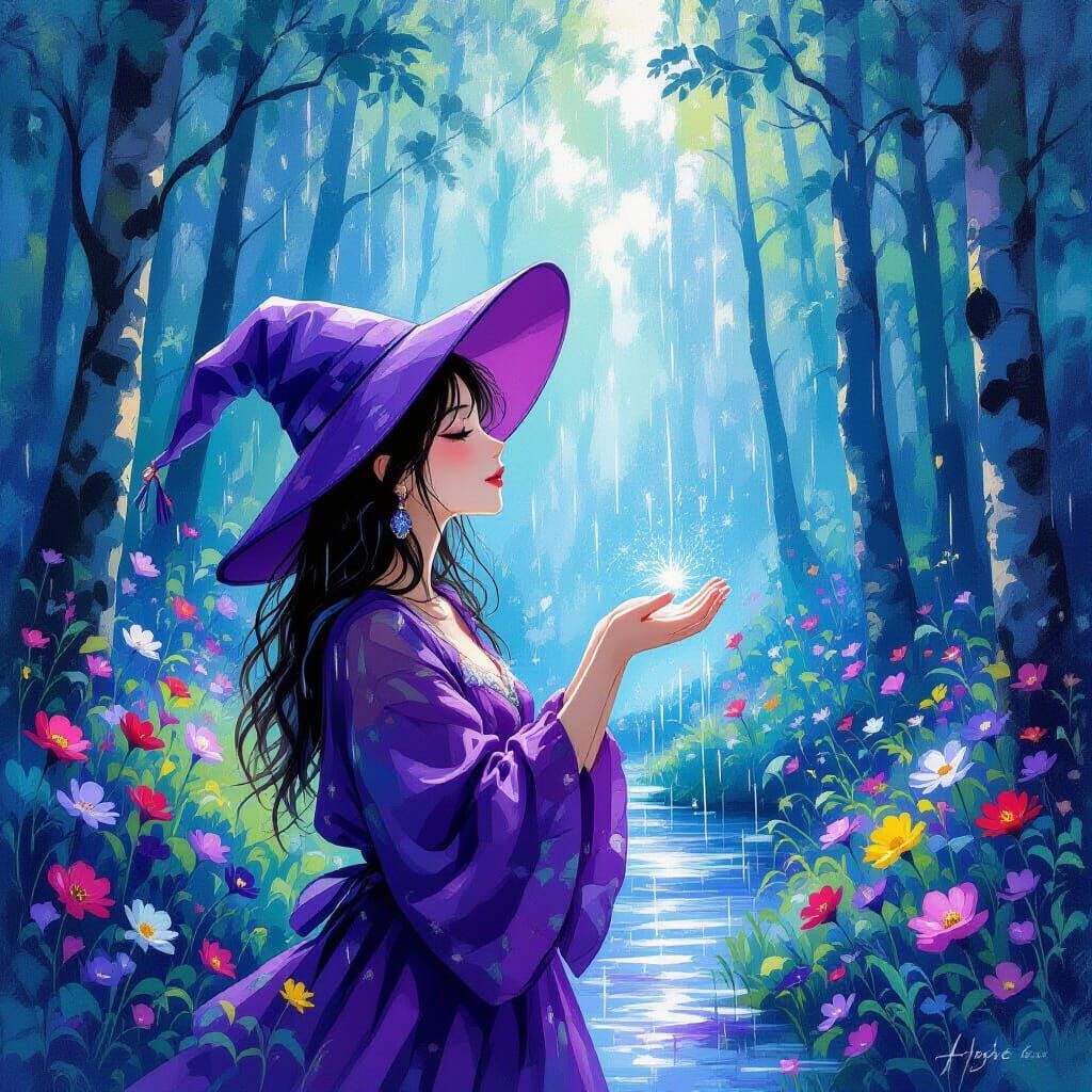 Whimsical Painter Catches Rain in Impressionist Forest