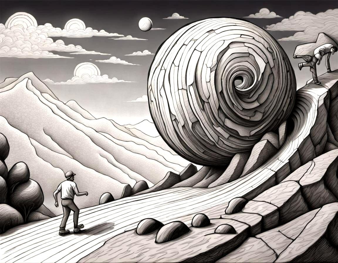 MC Escher-Style Sisyphus Black and White Line Drawing