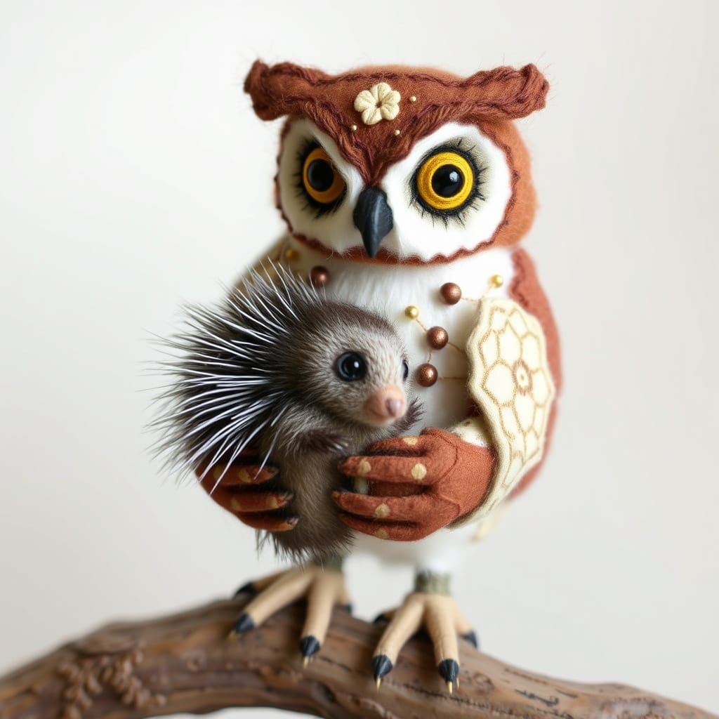 Felted Owl Protects Porcupine in Whimsical Illustration