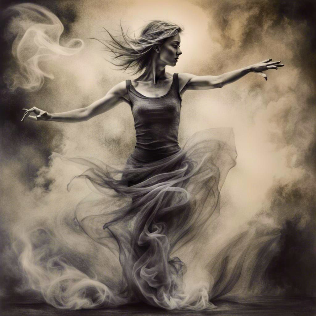 Surreal Smoke Dancer in Hyperdetailed Charcoal Drawing