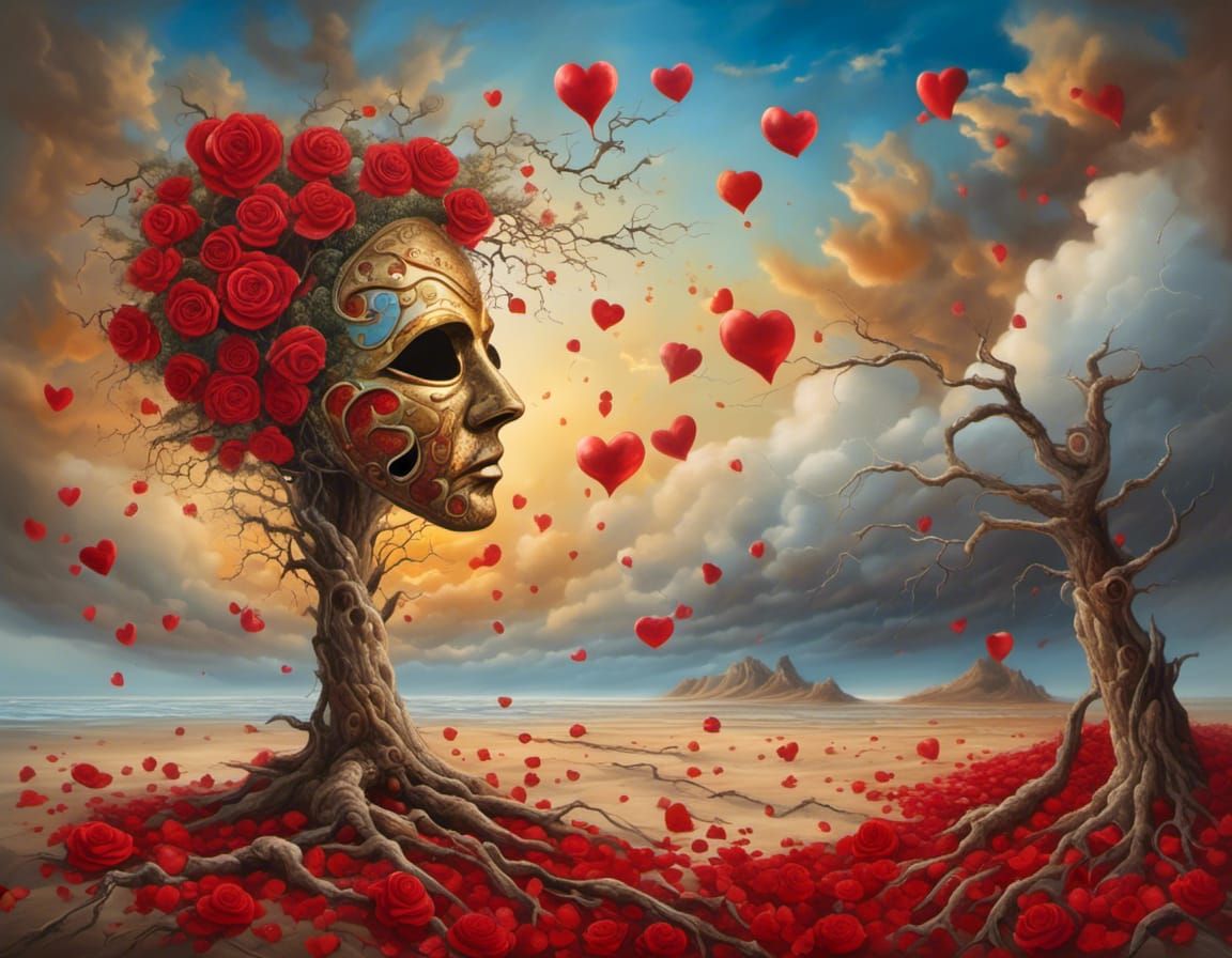 Surreal Mask Fused with Tree in Dreamlike Seascape