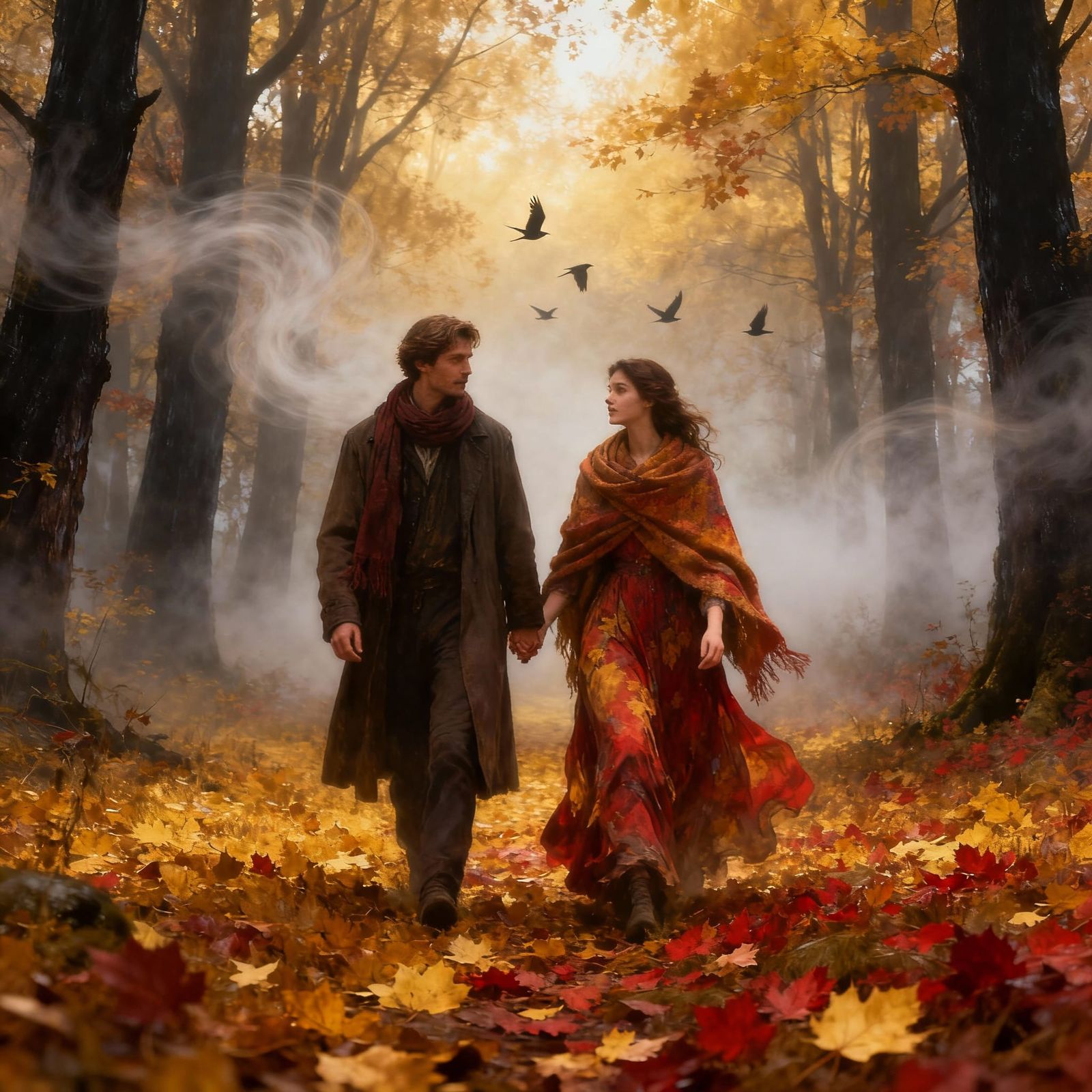 Couple in Misty Autumn Forest