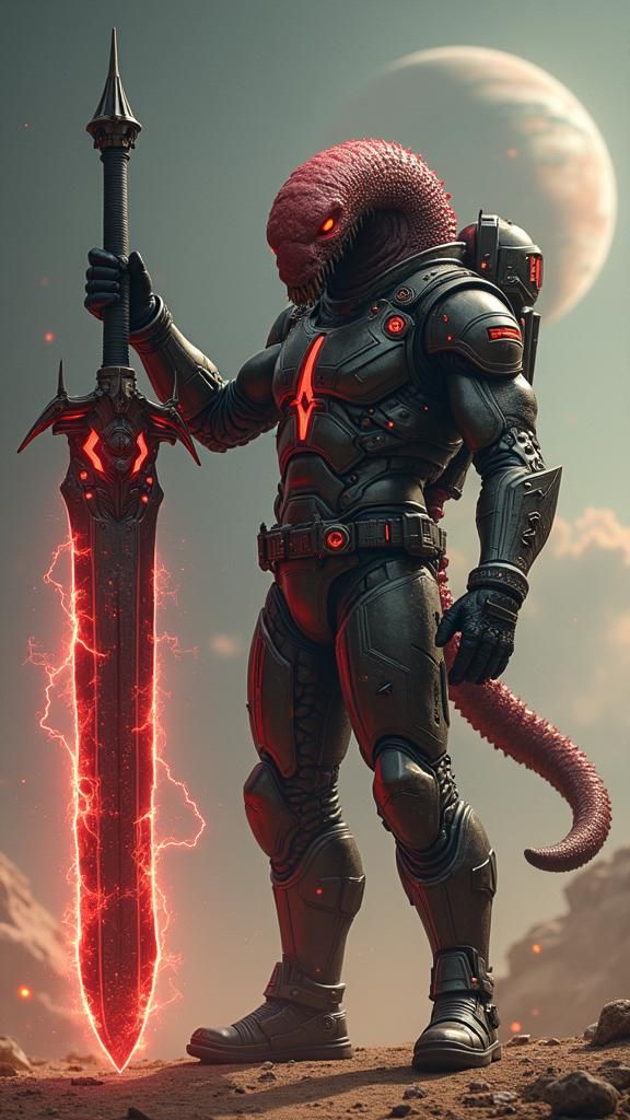 Surreal Earthworm Cosmonaut Warrior with Electric Greatsword
