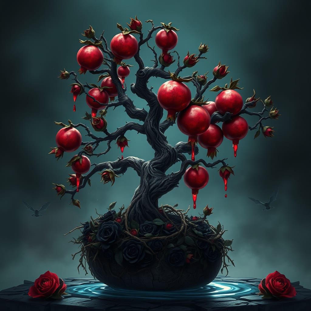 Ancient Pomegranate Bonsai in Gothic Allegory