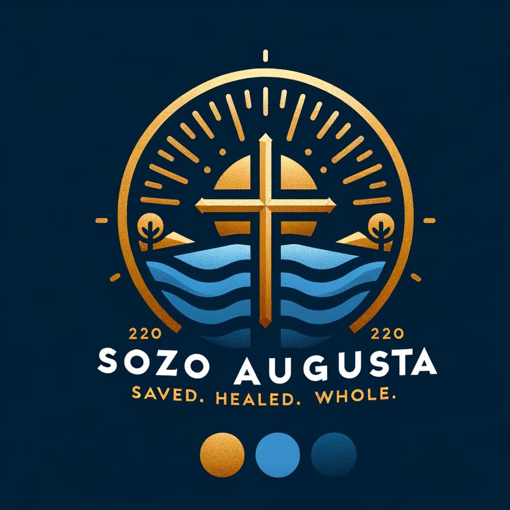 Golden Cross Logo with Blue Rivers and Light Rays