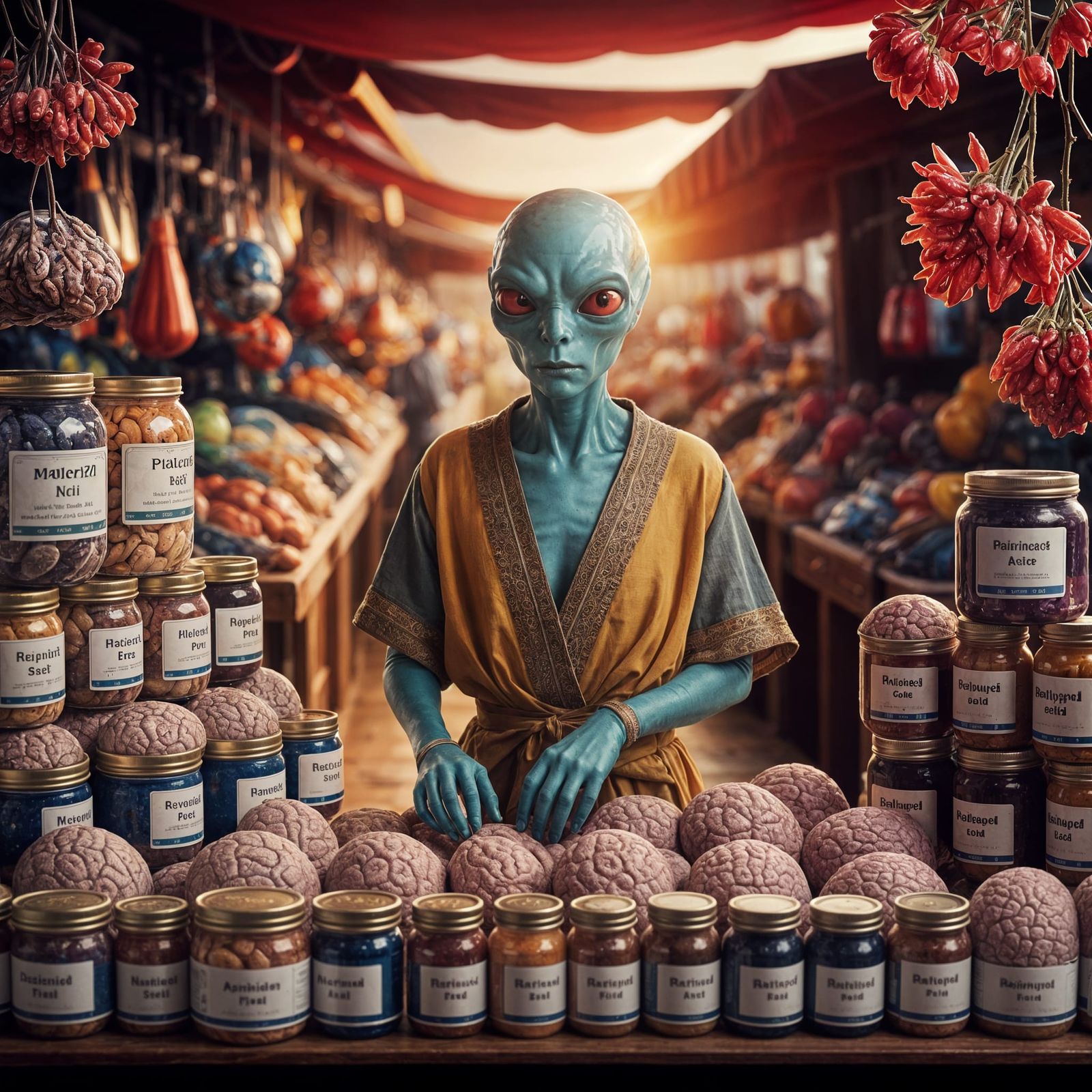 Alien Vendor Selling Pickled Brains at Market