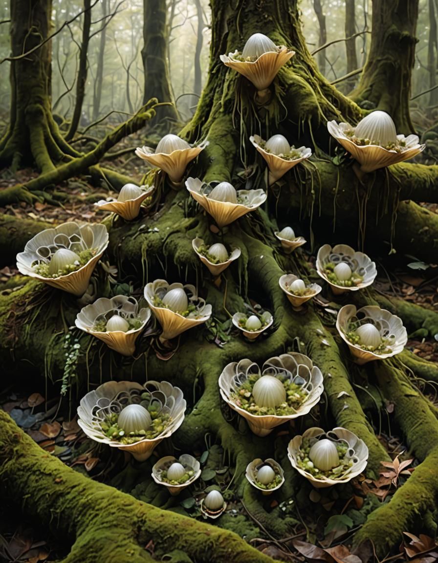 Ethereal Clam Shells Budding in a Forest