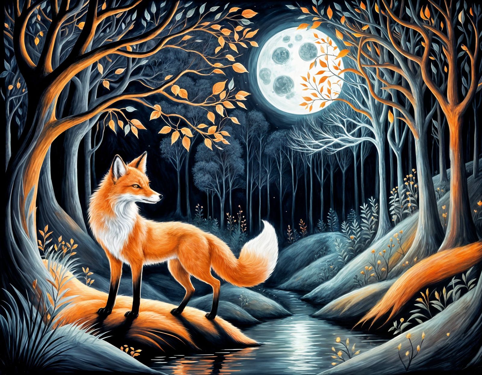 Mythical Fox Spirit in Enchanted Forest Under Moonlight